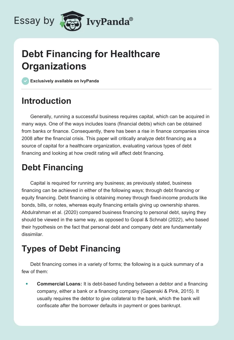 Debt Financing for Healthcare Organizations. Page 1
