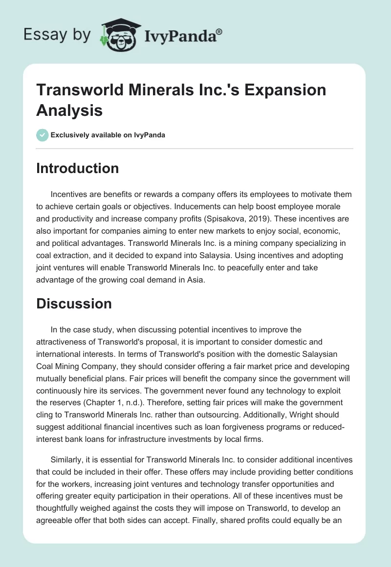 Transworld Minerals Inc.'s Expansion Analysis. Page 1