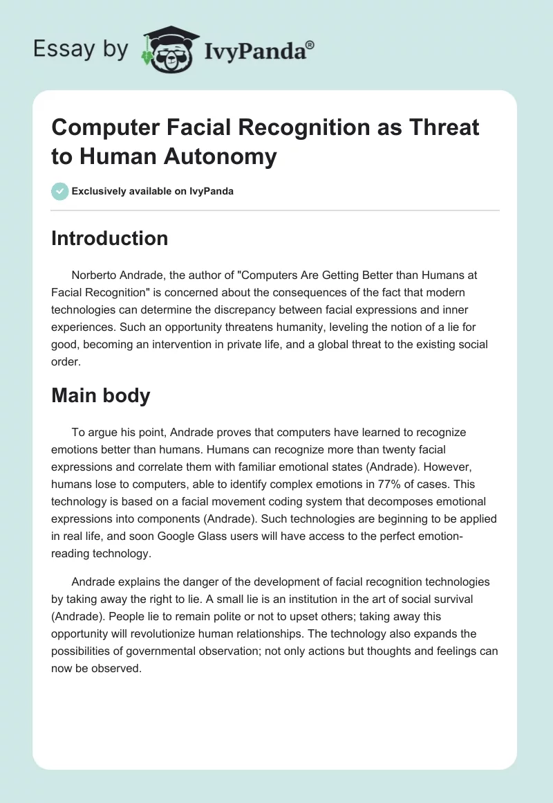 Computer Facial Recognition as Threat to Human Autonomy. Page 1
