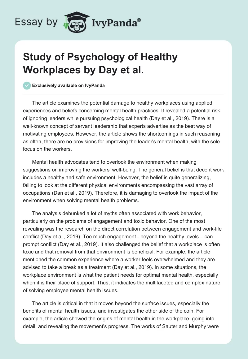 Study of Psychology of Healthy Workplaces by Day et al.. Page 1