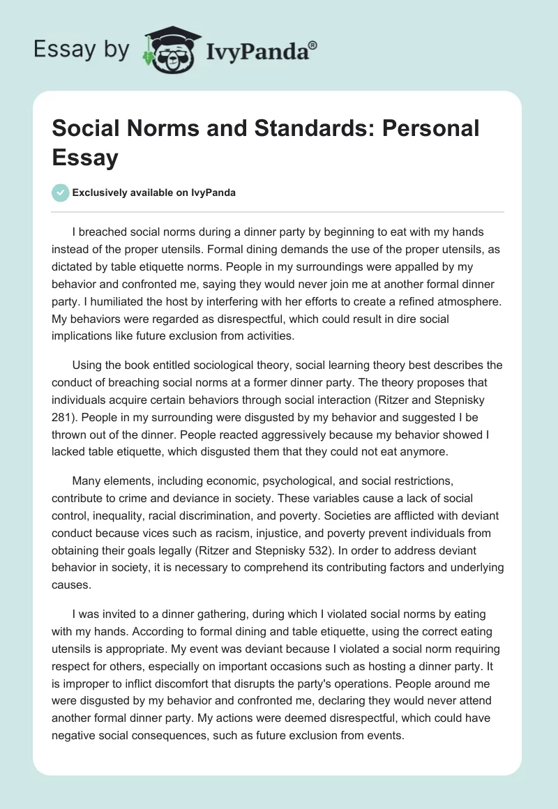 Social Norms and Standards: Personal Essay. Page 1