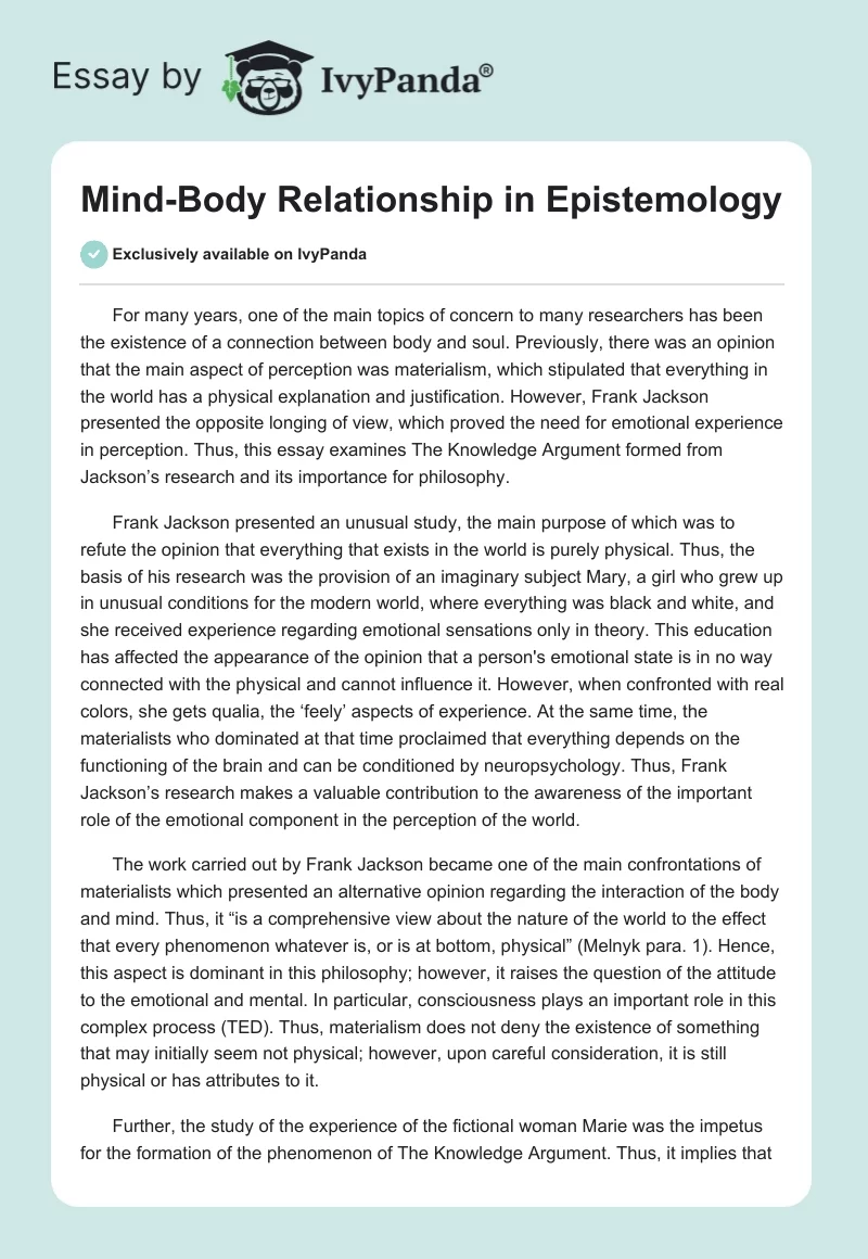 Mind-Body Relationship in Epistemology. Page 1