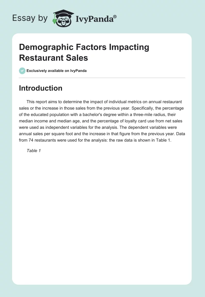 Demographic Factors Impacting Restaurant Sales. Page 1