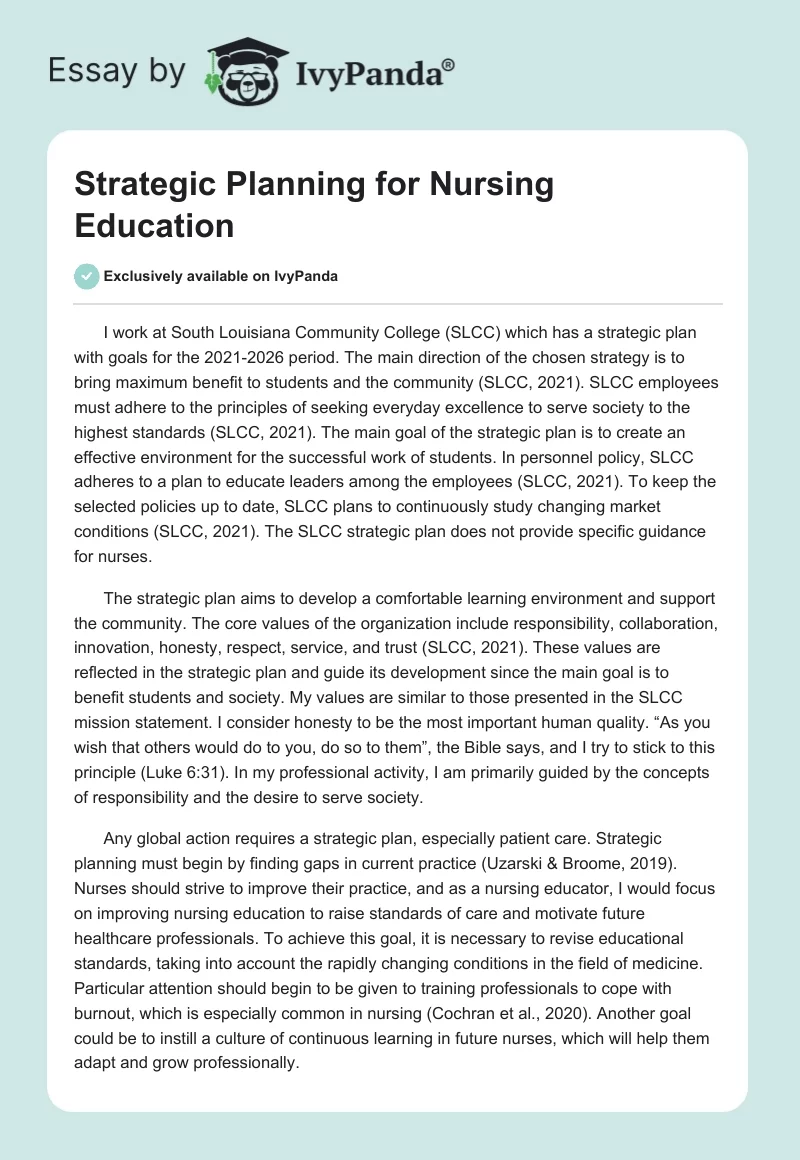 Strategic Planning for Nursing Education. Page 1