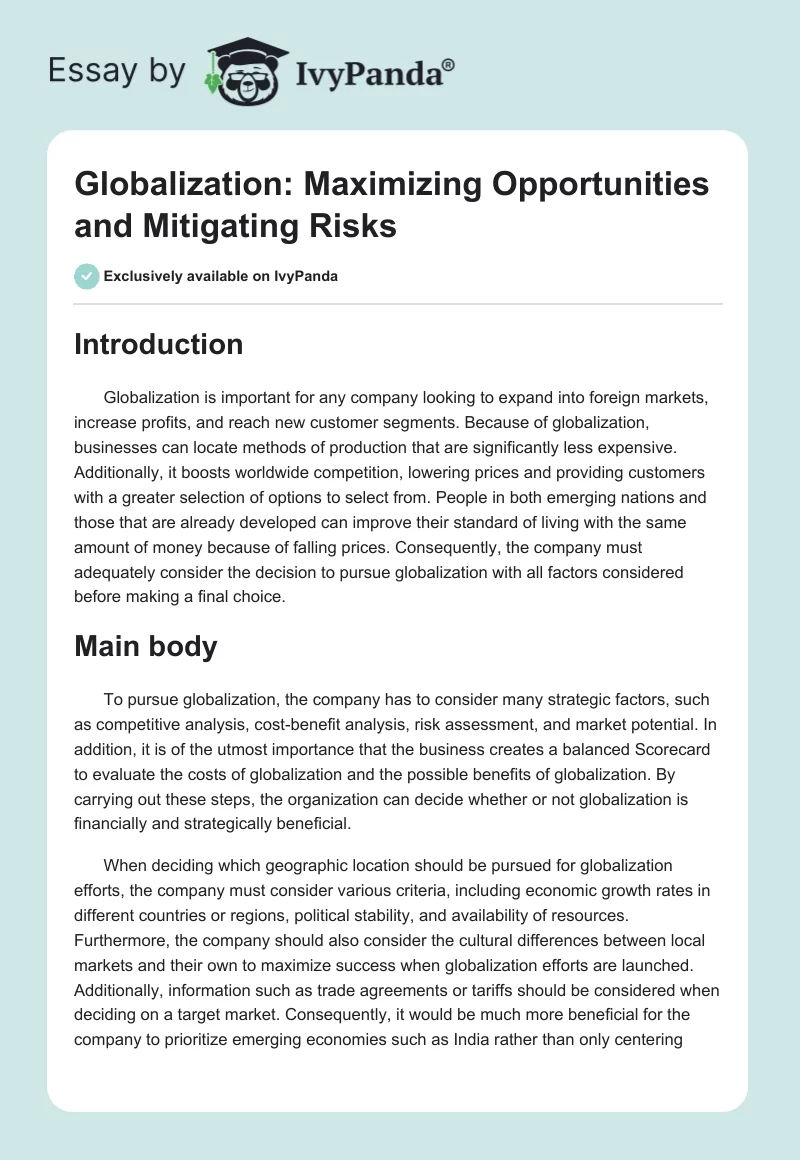 Globalization: Maximizing Opportunities and Mitigating Risks. Page 1