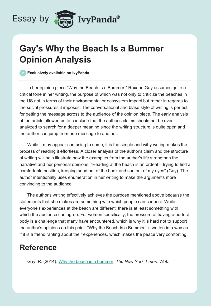 Gay's Why the Beach Is a Bummer Opinion Analysis. Page 1