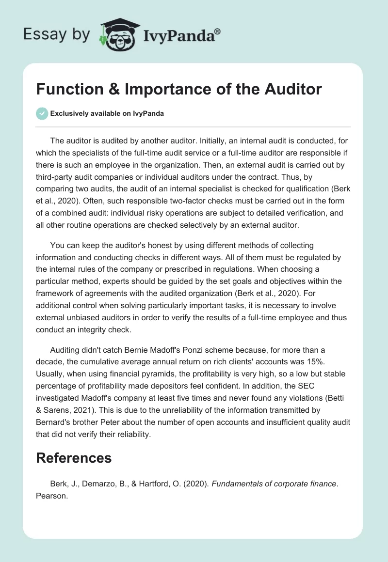 Function & Importance of the Auditor. Page 1