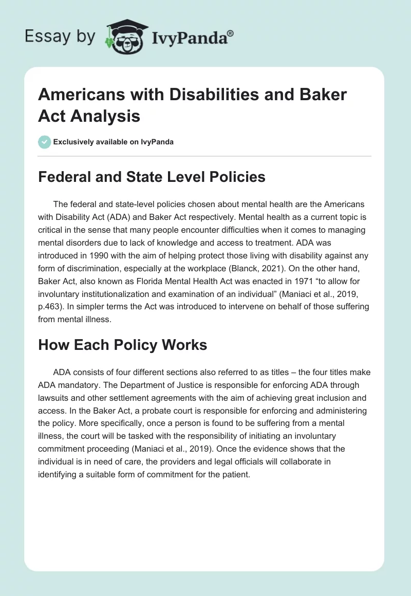Americans with Disabilities and Baker Act Analysis. Page 1