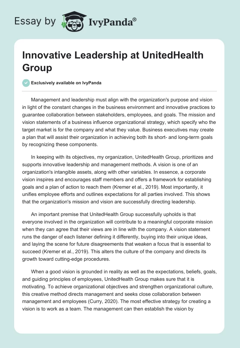 Innovative Leadership at UnitedHealth Group. Page 1