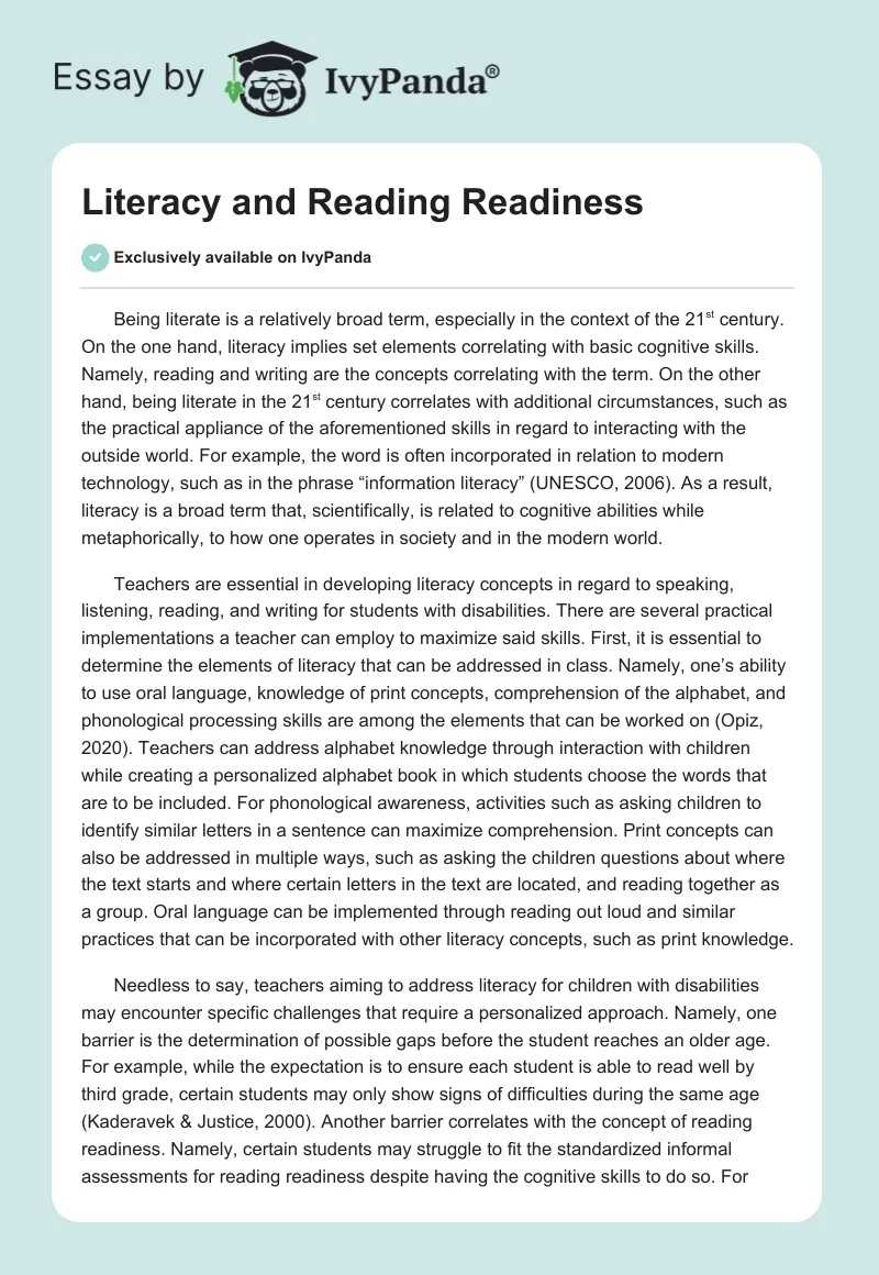 Literacy and Reading Readiness. Page 1