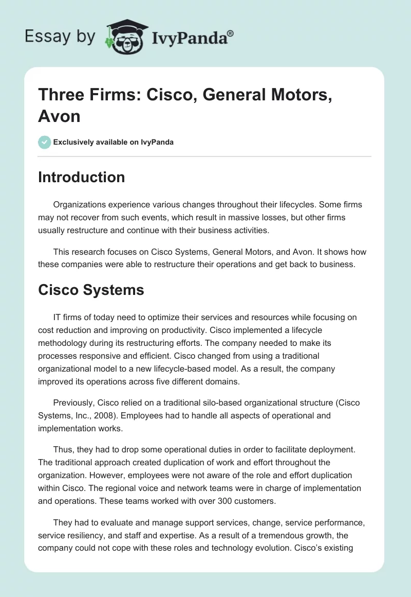 Three Firms: Cisco, General Motors, Avon. Page 1