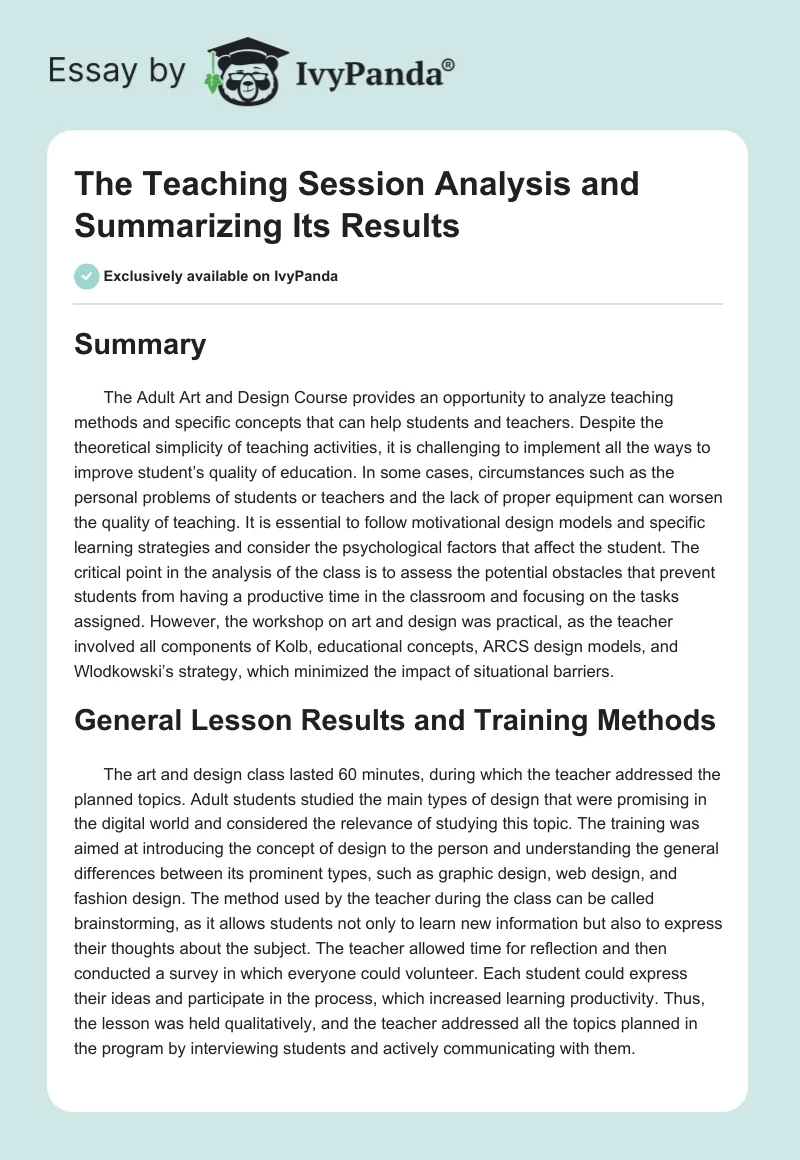 The Teaching Session Analysis and Summarizing Its Results. Page 1