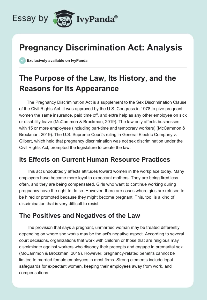 Pregnancy Discrimination Act: Analysis. Page 1