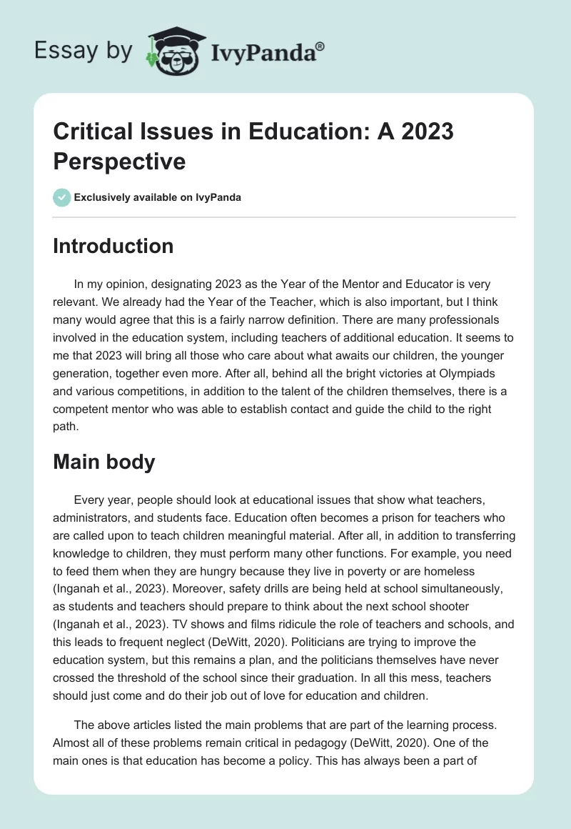 Critical Issues in Education: A 2023 Perspective. Page 1