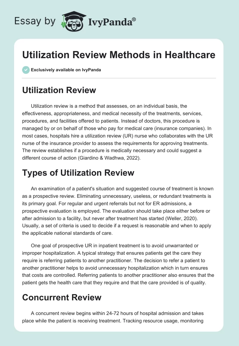 Utilization Review Methods in Healthcare. Page 1
