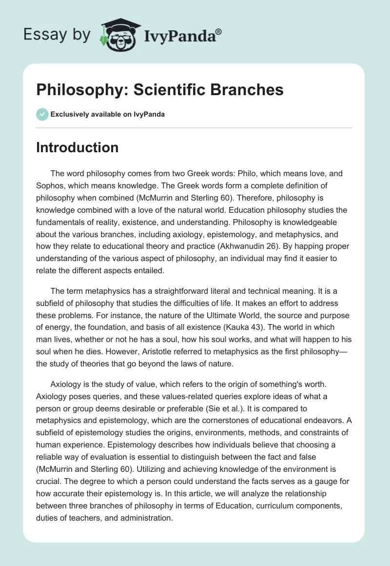 Philosophy: Scientific Branches. Page 1