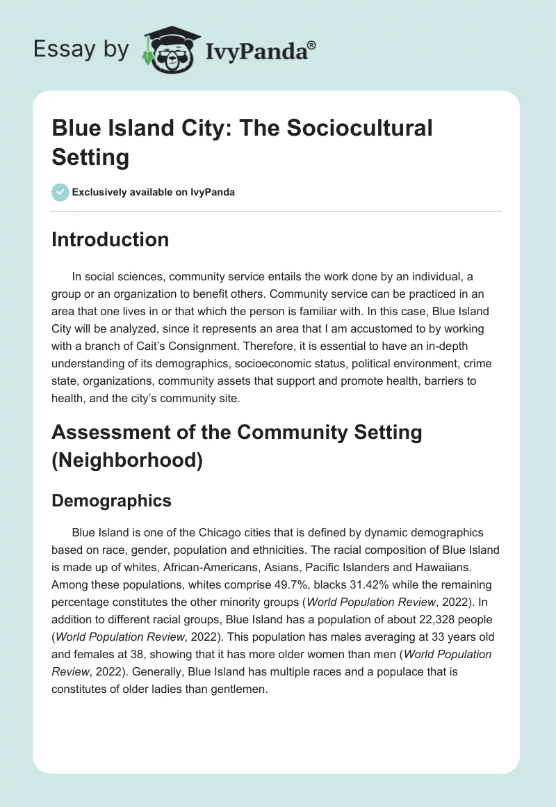 Blue Island City: The Sociocultural Setting. Page 1