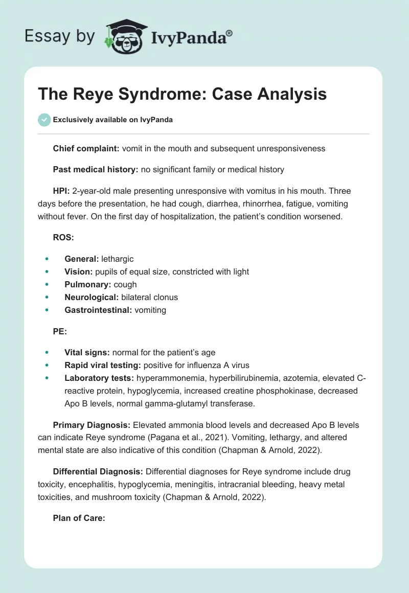 The Reye Syndrome: Case Analysis. Page 1
