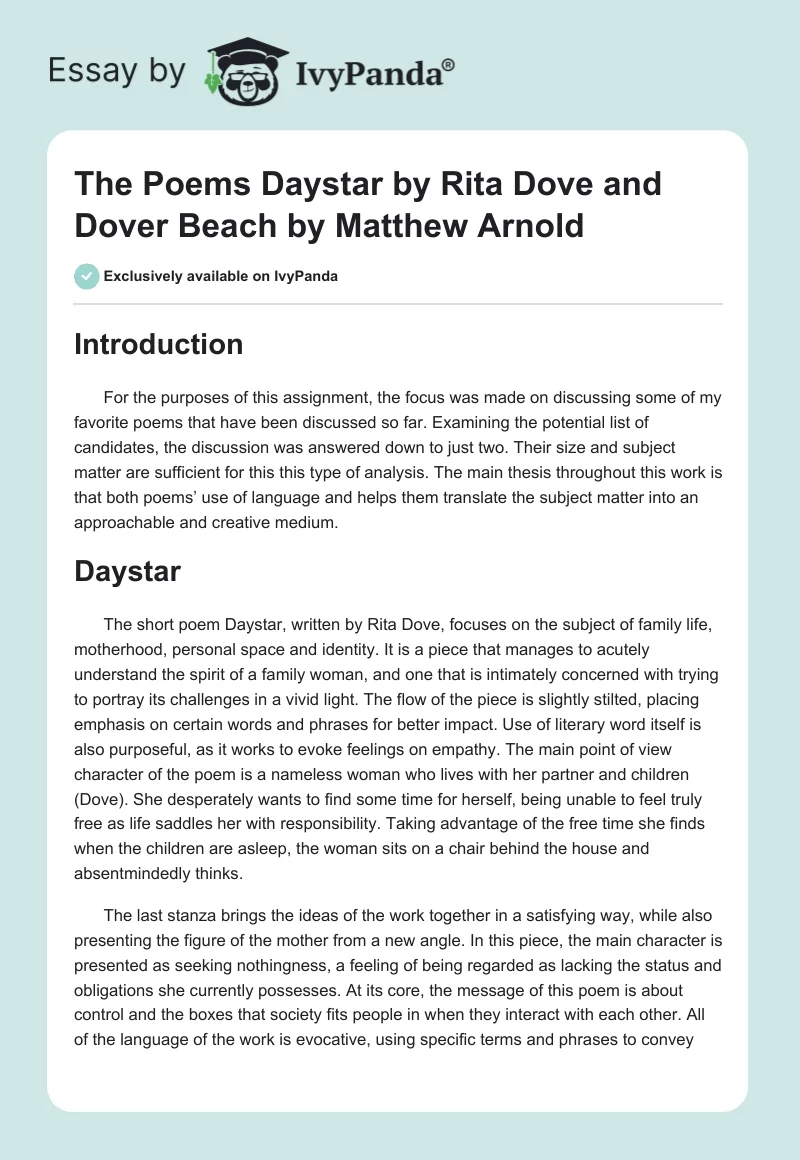 The Poems "Daystar" by Rita Dove and "Dover Beach" by Matthew Arnold. Page 1