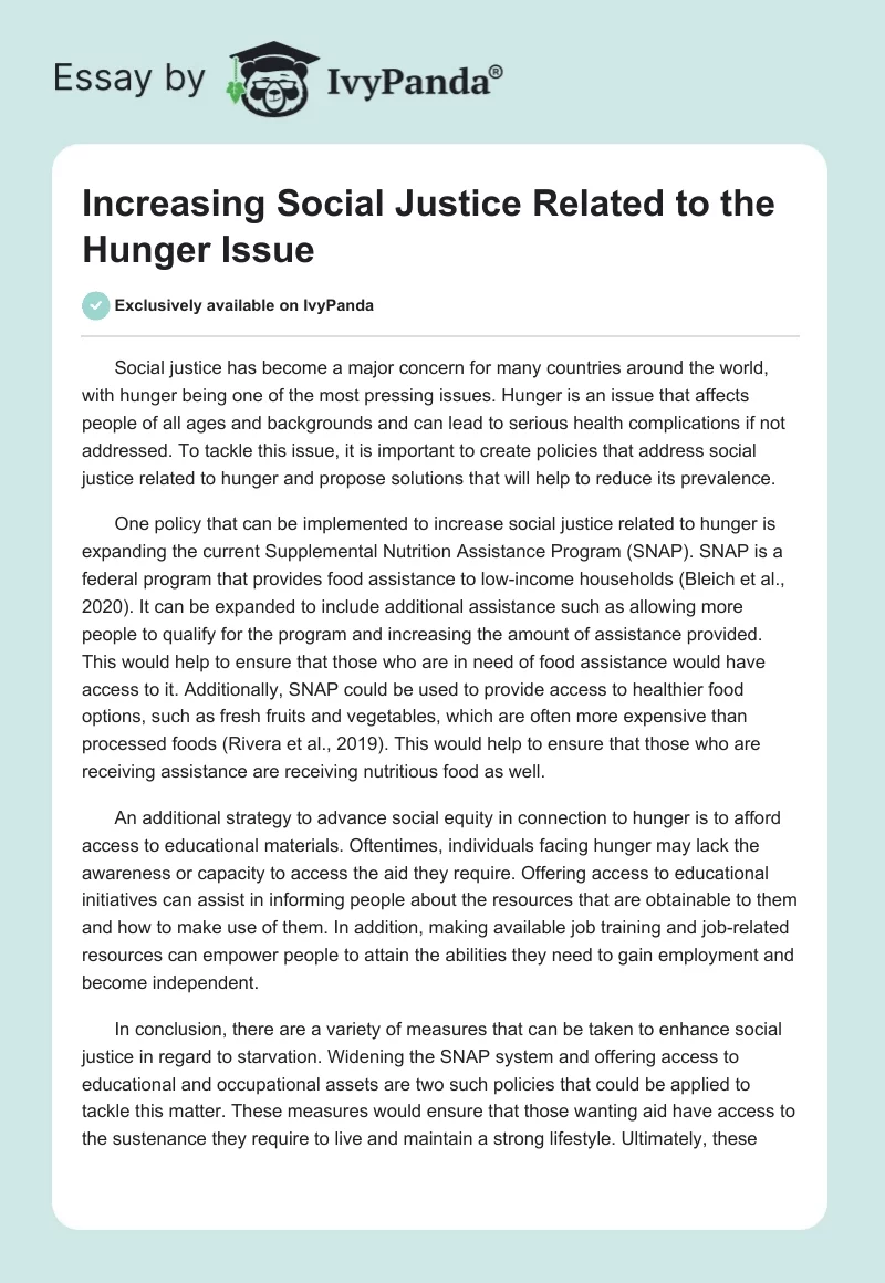 Increasing Social Justice Related to the Hunger Issue. Page 1