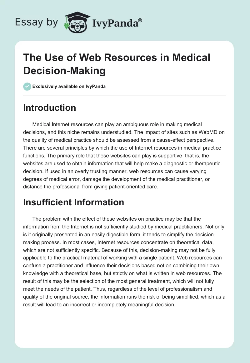 The Use of Web Resources in Medical Decision-Making. Page 1