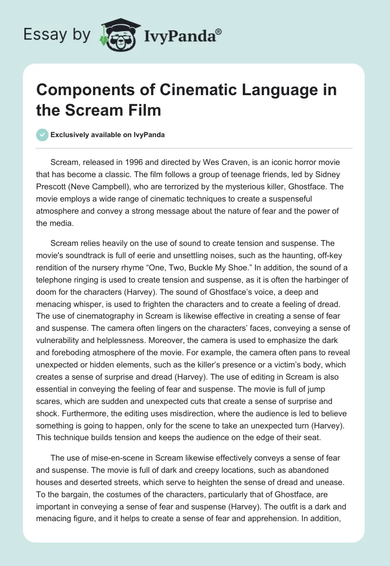 Components of Cinematic Language in the Scream Film. Page 1