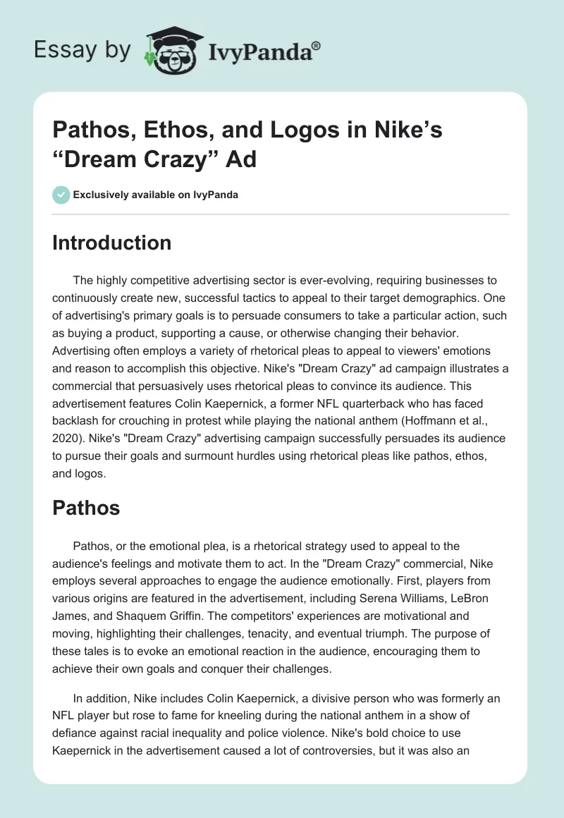 Pathos, Ethos, and Logos in Nike’s “Dream Crazy” Ad. Page 1