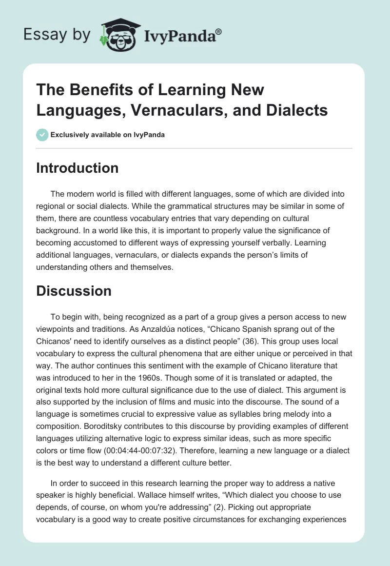 The Benefits of Learning New Languages, Vernaculars, and Dialects. Page 1