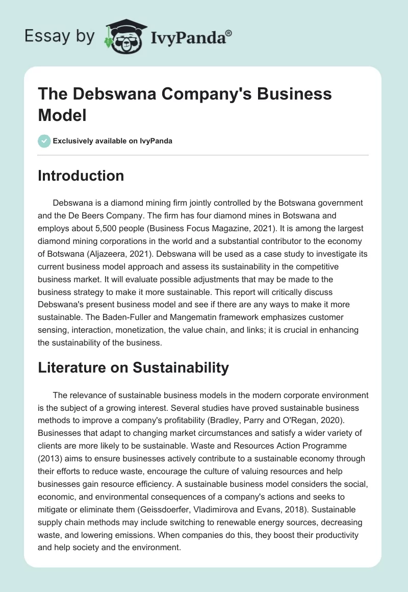 The Debswana Company's Business Model. Page 1