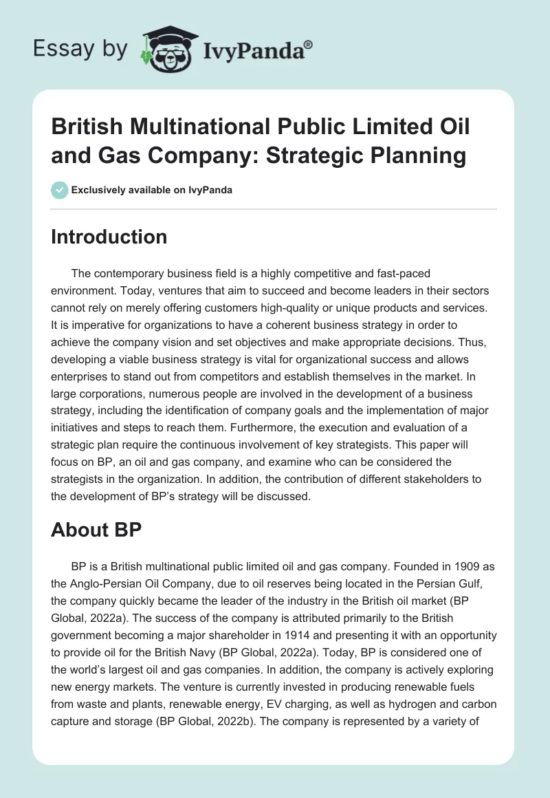 British Multinational Public Limited Oil and Gas Company: Strategic Planning. Page 1