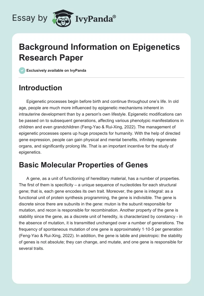 Background Information on Epigenetics Research Paper. Page 1