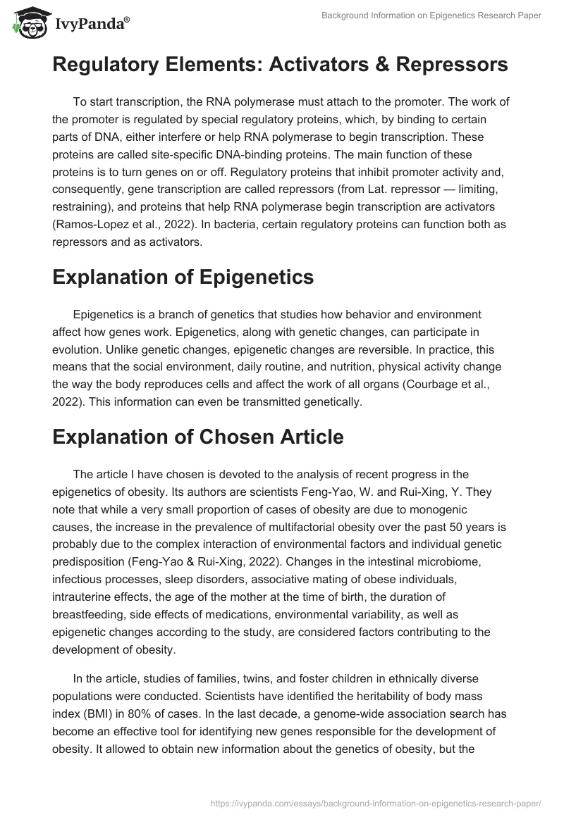 Background Information on Epigenetics Research Paper. Page 2