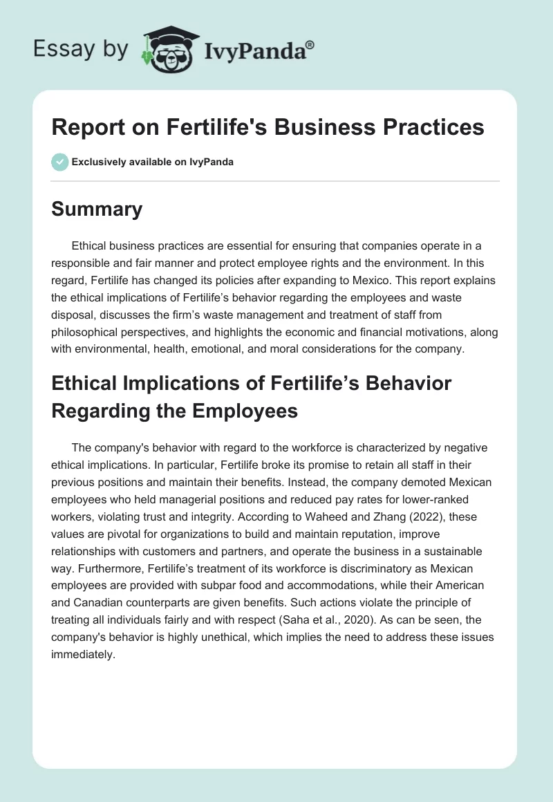 Report on Fertilife's Business Practices. Page 1