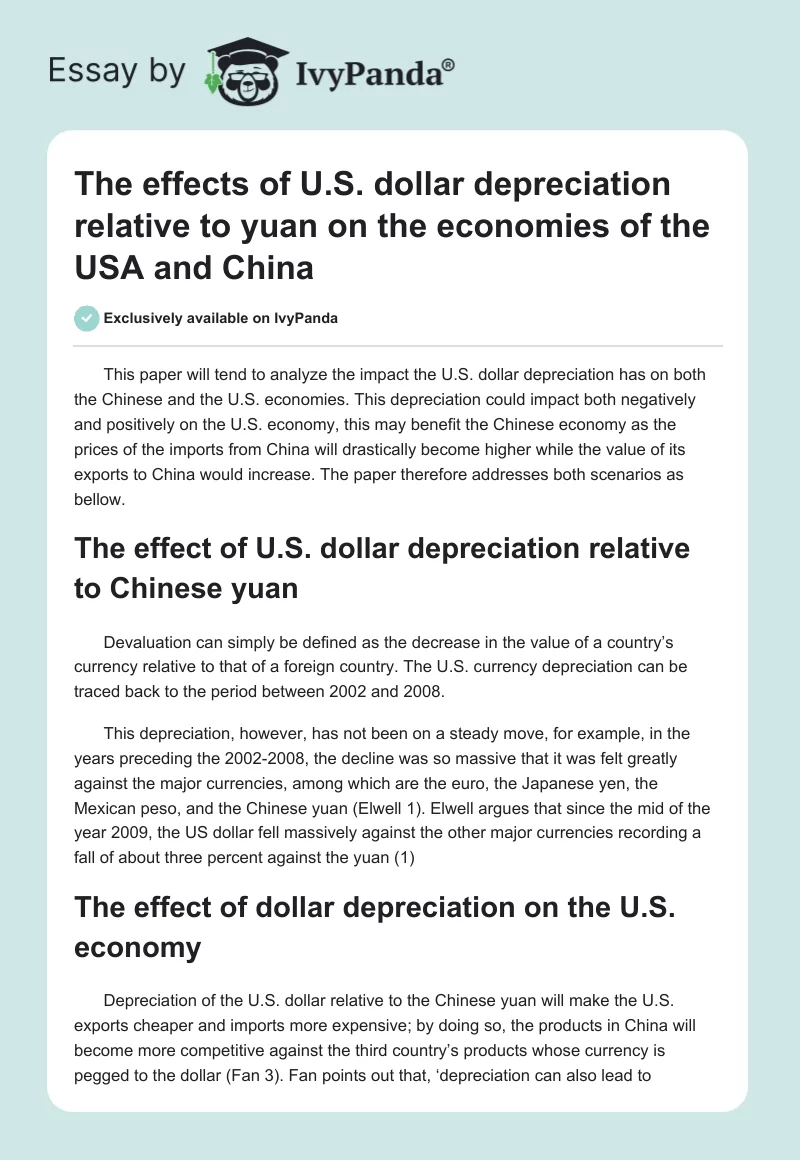 The effects of U.S. dollar depreciation relative to yuan on the economies of the USA and China. Page 1