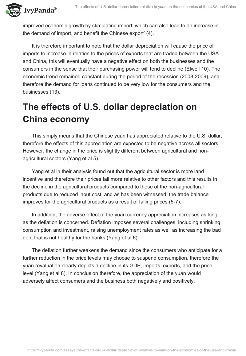 The effects of U.S. dollar depreciation relative to yuan on the economies of the USA and China. Page 2