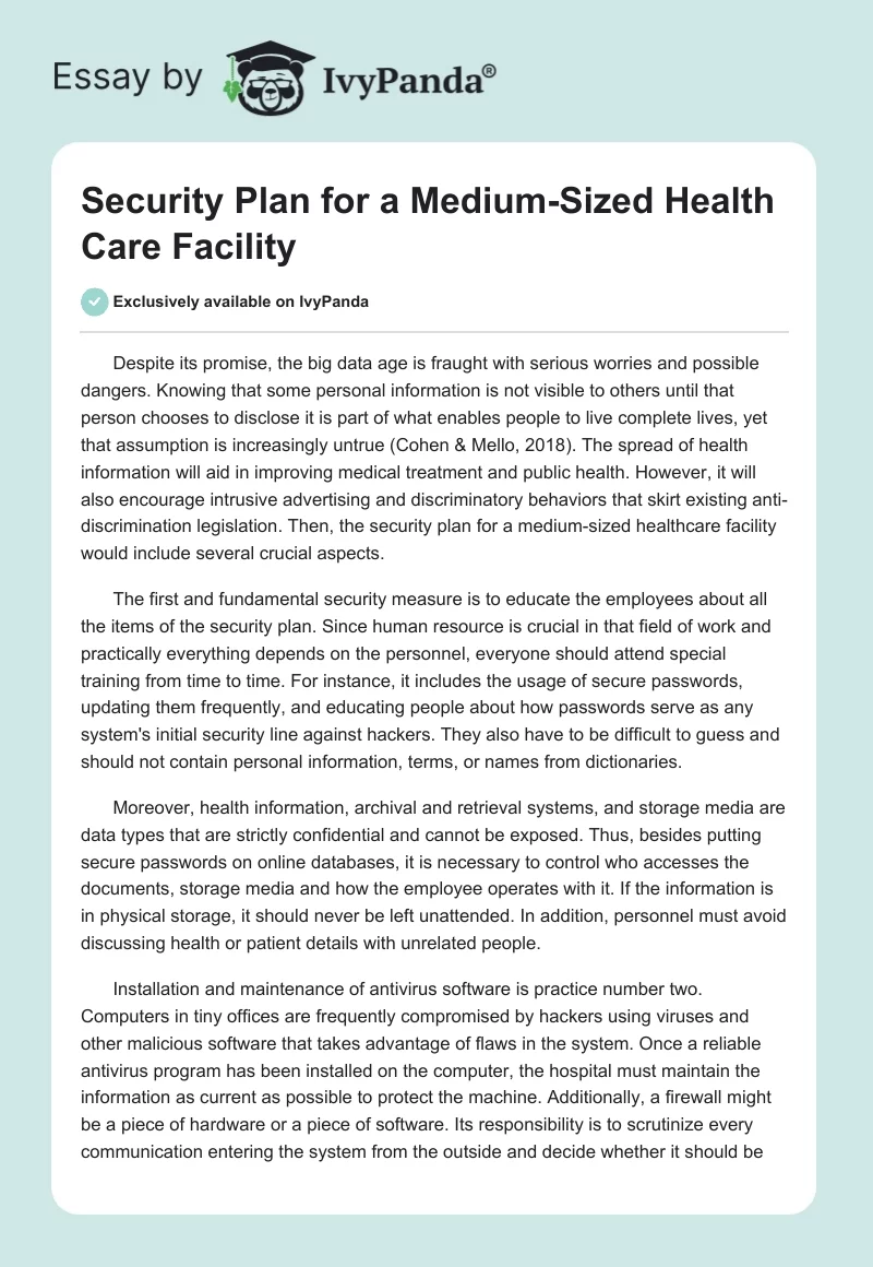 Security Plan for a Medium-Sized Health Care Facility. Page 1