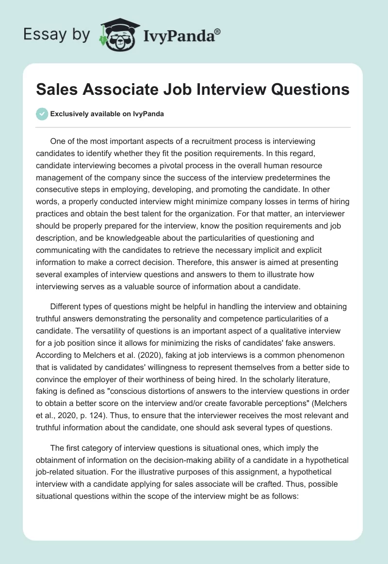 Sales Associate Job Interview Questions. Page 1