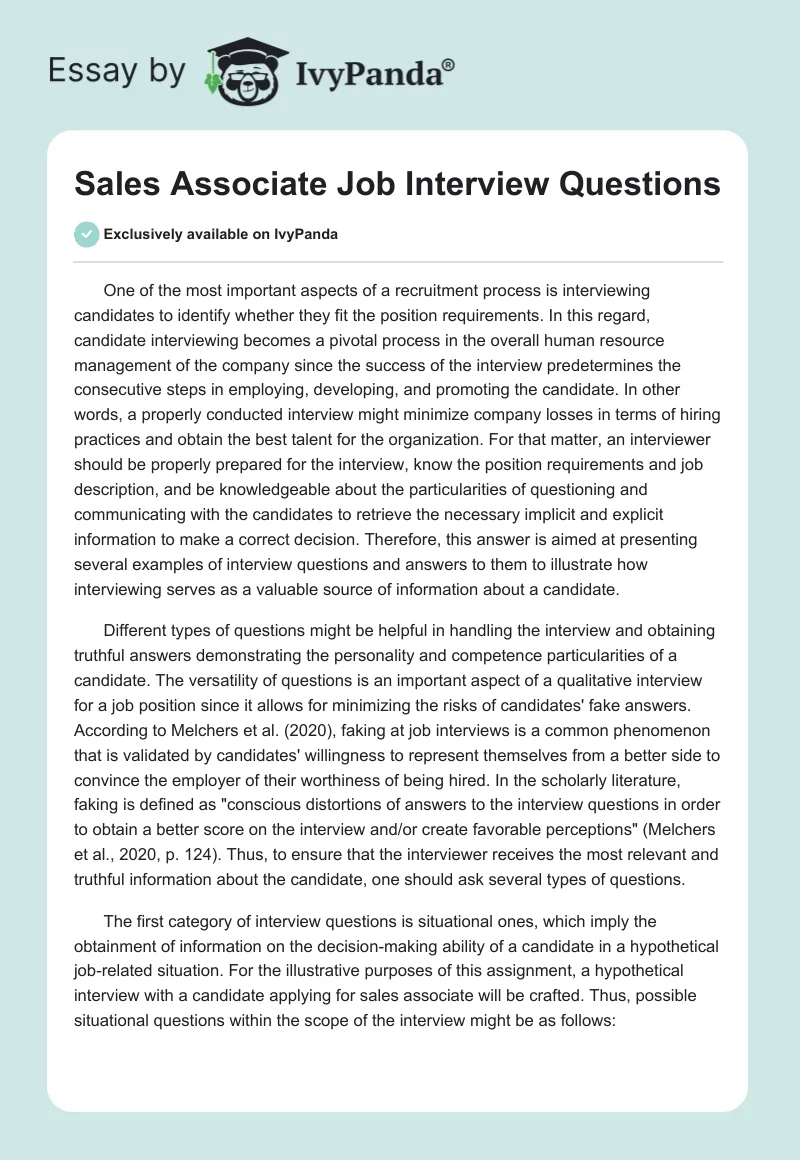 Sales Associate Job Interview Questions 925 Words Essay Example Sales Associate Job Interview Questions 925 Words Essay Example