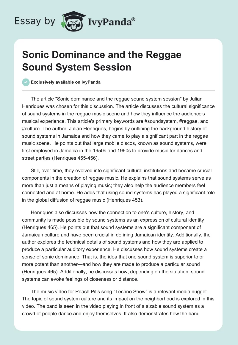 Sonic Dominance and the Reggae Sound System Session. Page 1