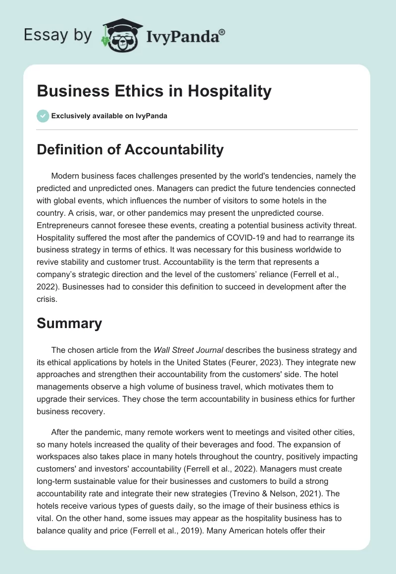 Business Ethics in Hospitality. Page 1