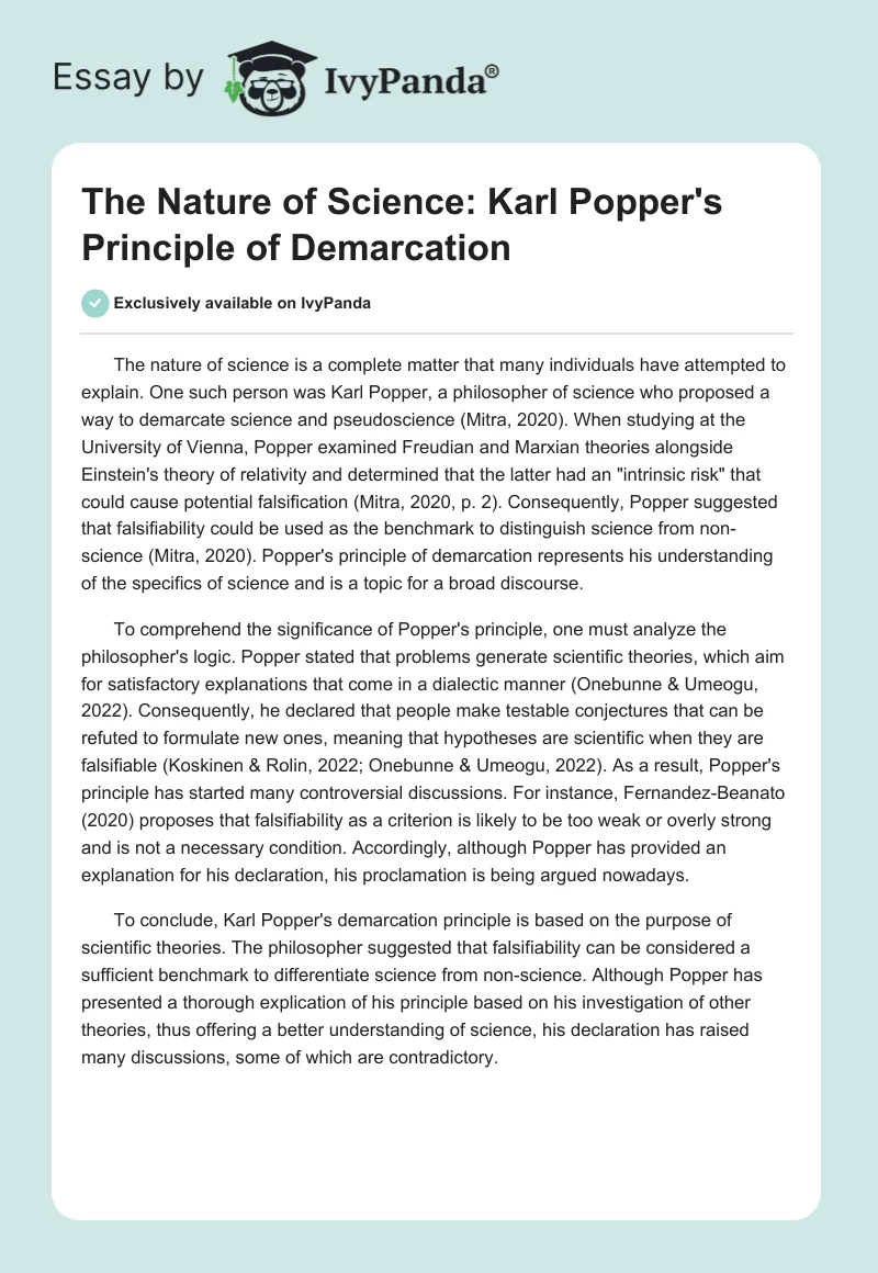 The Nature of Science: Karl Popper's Principle of Demarcation. Page 1