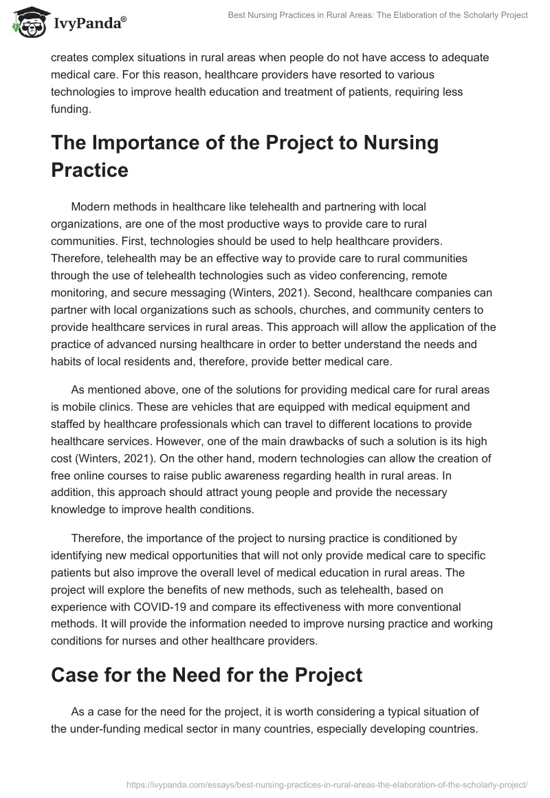 Best Nursing Practices in Rural Areas: The Elaboration of the Scholarly Project. Page 2