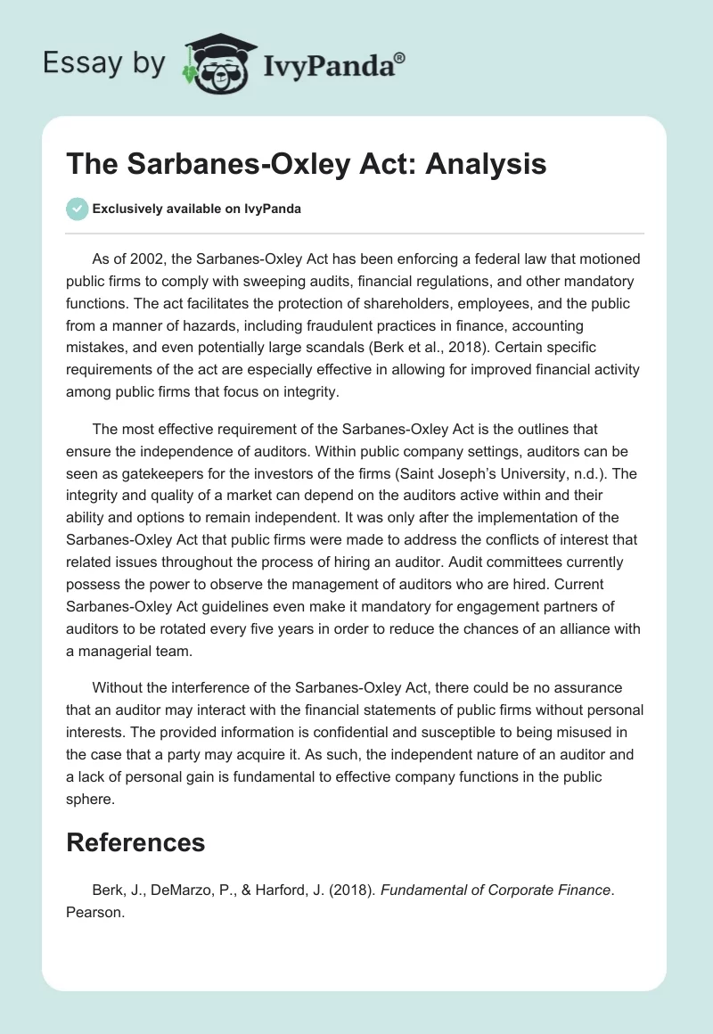 The Sarbanes-Oxley Act: Analysis. Page 1