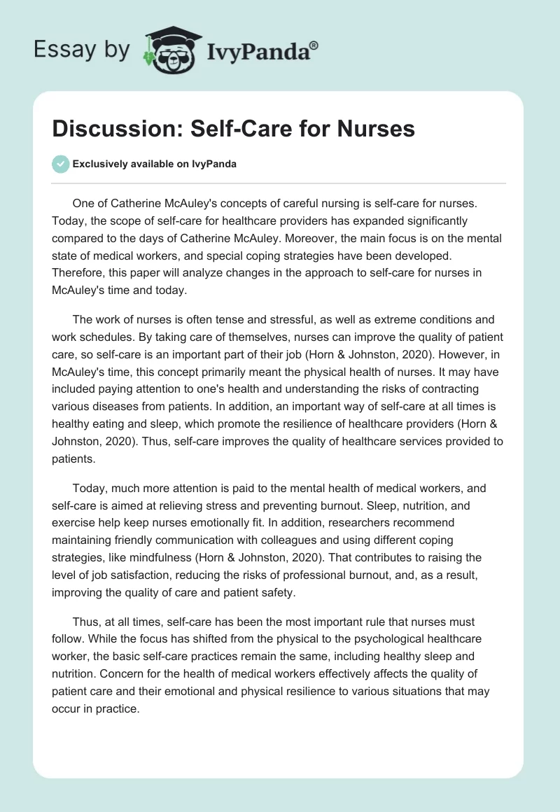 Discussion: Self-Care for Nurses. Page 1