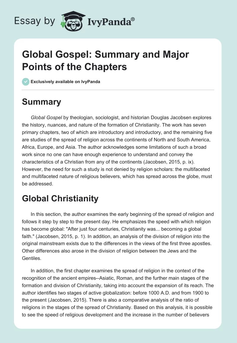 Global Gospel: Summary and Major Points of the Chapters. Page 1