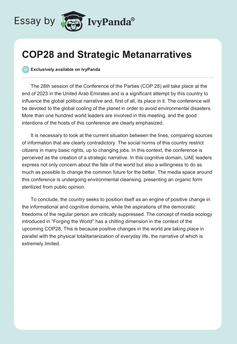 COP28 and Strategic Metanarratives. Page 1