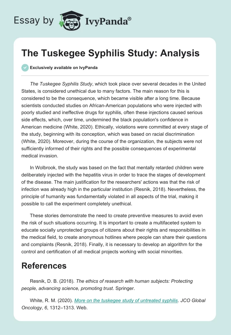 The Tuskegee Syphilis Study: Analysis. Page 1