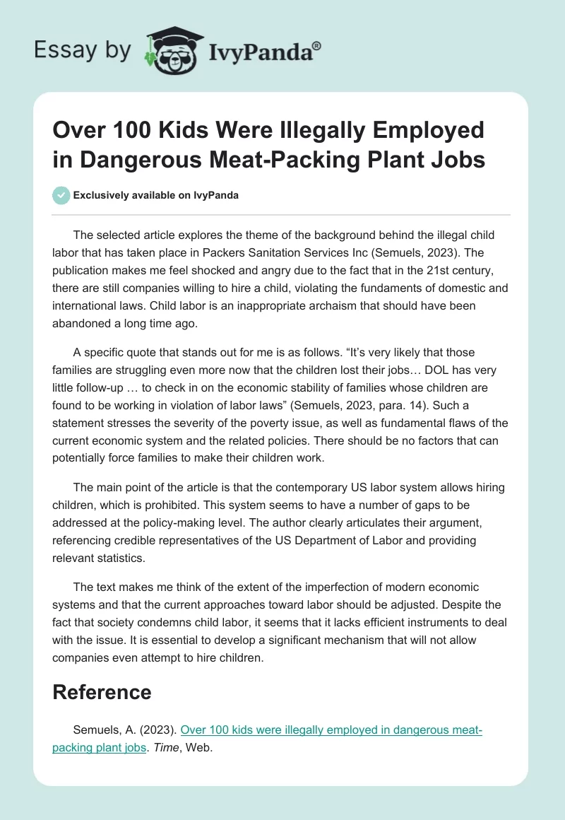 Over 100 Kids Were Illegally Employed in Dangerous Meat-Packing Plant Jobs. Page 1