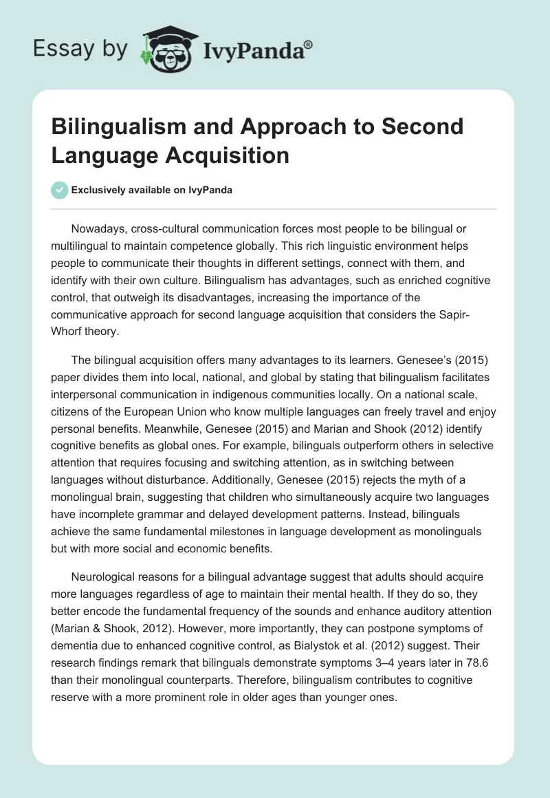 Bilingualism and Approach to Second Language Acquisition. Page 1