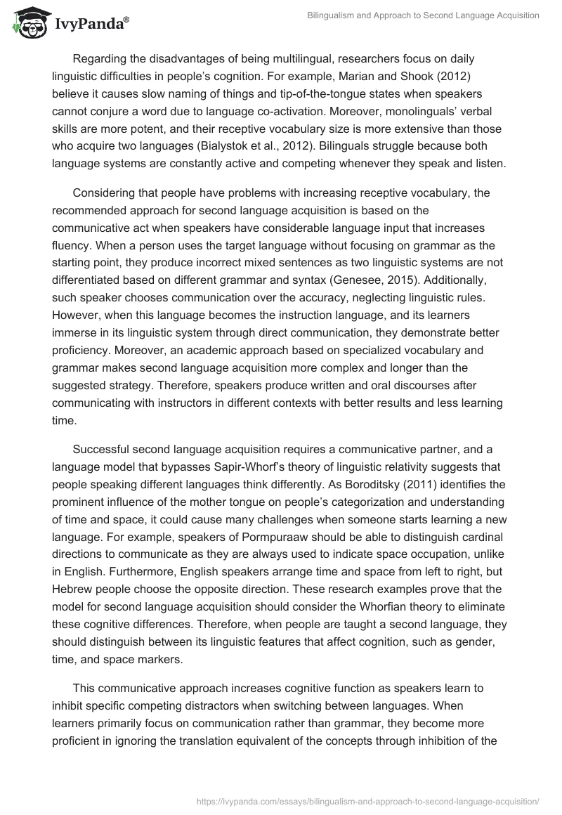 Bilingualism and Approach to Second Language Acquisition. Page 2